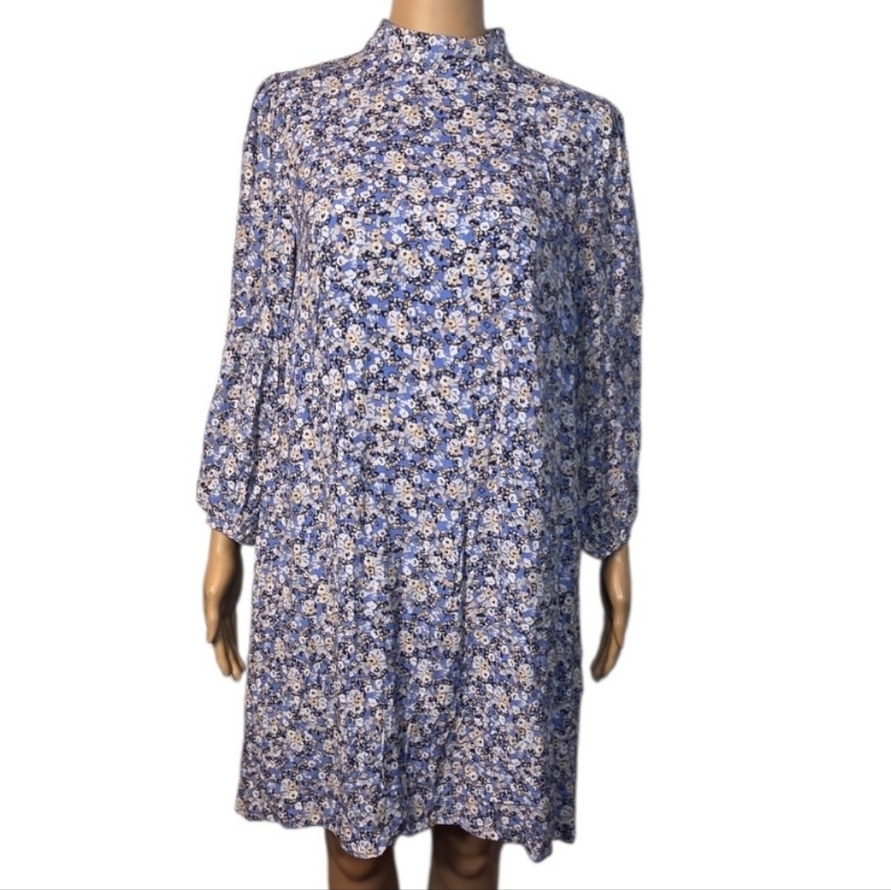 Ann Taylor Dress Floral Vintage Mock Turtle Neck Blue White Womens Size 6